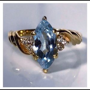 14KT MAGNIFIECENT LIQUID SKY BLUE TOPAZ W/ 6 BRILLIANT DIAMOND ACCENT REGAL RING